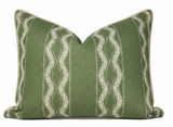 Rectangular green pillow cover with vertical white wavy and stitched stripe patterns and beige piping along edges.