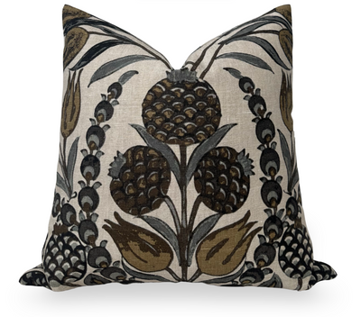 Cornelia Pillow Cover in gold and grey floral linen fabric with natural linen backing