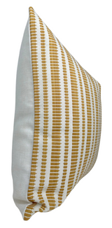 Rectangular pillow with white fabric side and front striped with vertical mustard yellow stitched lines on white background.