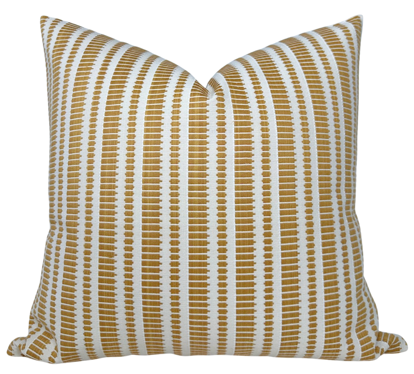 Oyo Pillow Cover in mustard yellow with ivory linen backing, styled on a sofa