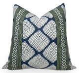 Austin Pillow Cover in Bluestone + Green showing front printed fabric and back ivory linen fabric