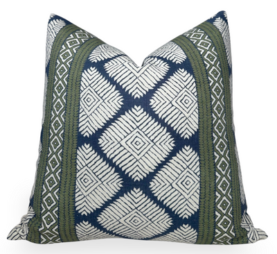Austin Pillow Cover in Bluestone + Green showing front printed fabric and back ivory linen fabric