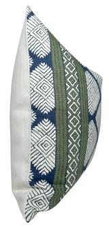Rectangular pillow with a white linen side panel and front fabric featuring vertical stripes of blue and green geometric ikat patterns.