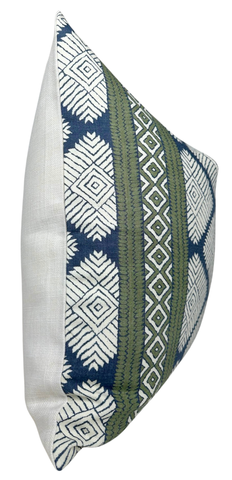 Rectangular pillow with a white linen side panel and front fabric featuring vertical stripes of blue and green geometric ikat patterns.