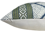 Side view of a pillow with beige backing and front pattern featuring alternating vertical stripes of olive green and white diamond shapes in black outlines.