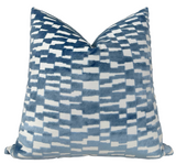 Mod Velvet Pillow Cover in Marine Blue showing velvet front and ivory linen back detail