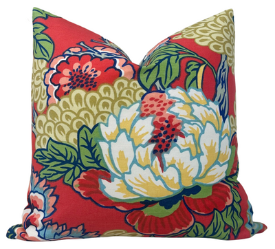 Honshu Pillow Cover displaying floral print in coral and green on front, ivory linen fabric on back