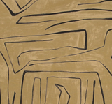 Abstract geometric pattern in black lines on a textured warm tan background, forming irregular angular shapes across the fabric surface.
