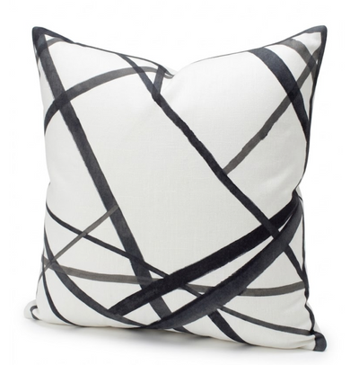 Channels Pillow Cover in Ebony showing the textured black and off-white fabrics with invisible zipper detail