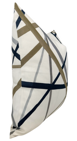 Side view of a square pillow cover with an off-white background featuring intersecting thick navy, taupe, and gray diagonal lines in an abstract pattern.