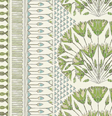 Decorative fabric pattern with vertical stripes featuring green floral motifs and light blue geometric shapes on a cream background.