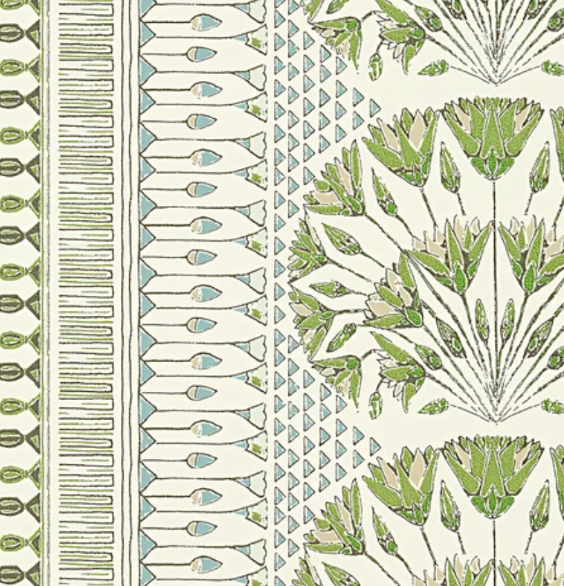 Decorative fabric pattern with vertical stripes featuring green floral motifs and light blue geometric shapes on a cream background.