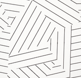 Close-up of a black and white geometric pattern with thin black lines forming angular, labyrinth-like shapes on a white background.