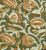 Close-up of fabric with a floral pattern featuring stylized orange and mustard flowers with white accents on an olive green background.