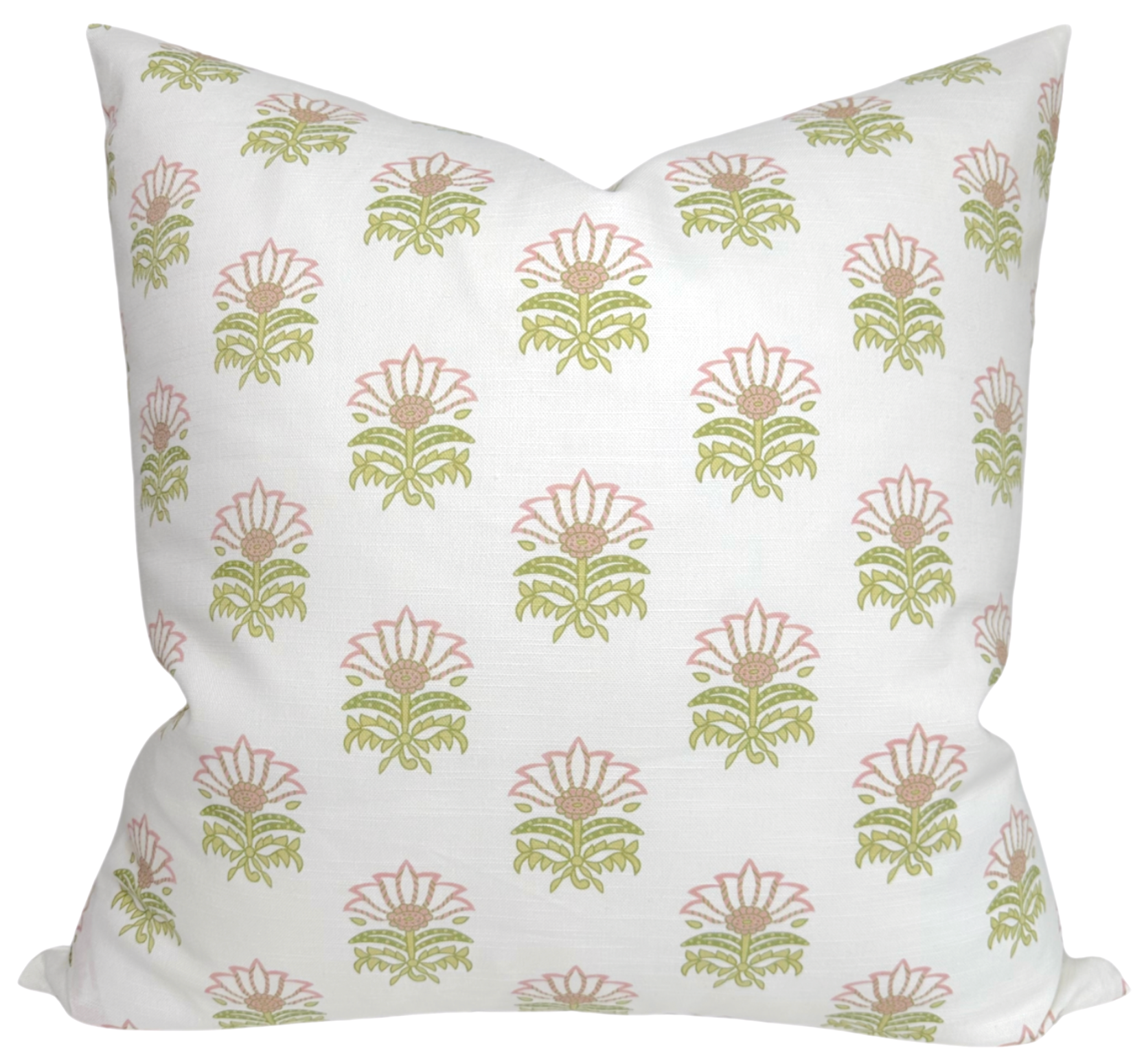 Milford Pillow Cover in pink and green printed fabric on the front and ivory linen back, displayed flat.