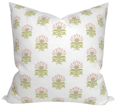 Milford Pillow Cover in pink and green printed fabric on the front and ivory linen back, displayed flat.