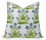 Mughal Pillow Cover showing sky blue and pistachio Mughal print on front and ivory linen on back