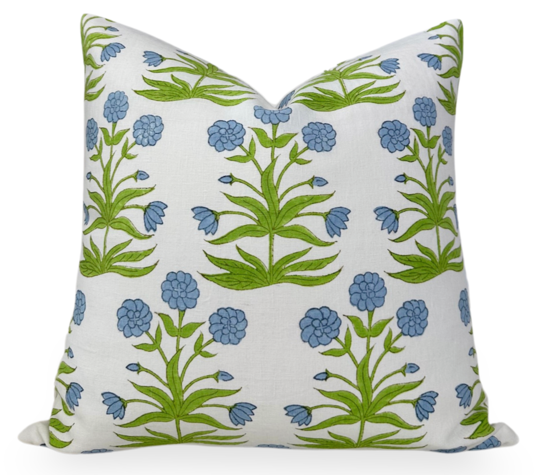 Mughal Pillow Cover showing sky blue and pistachio Mughal print on front and ivory linen on back