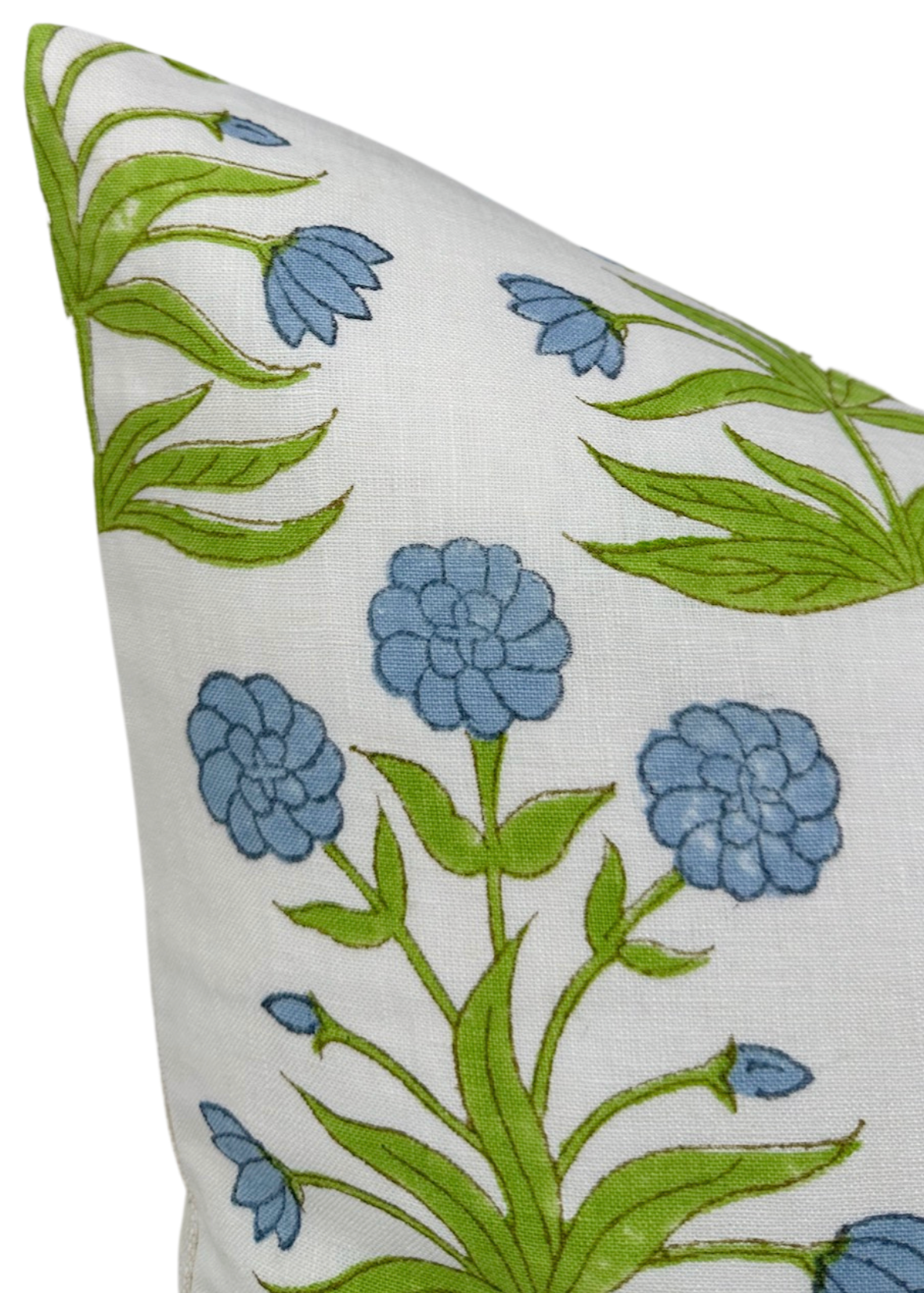 Close-up of a white pillow cover featuring a Mughal floral pattern with sky blue flowers and pistachio green leaves on a linen fabric.