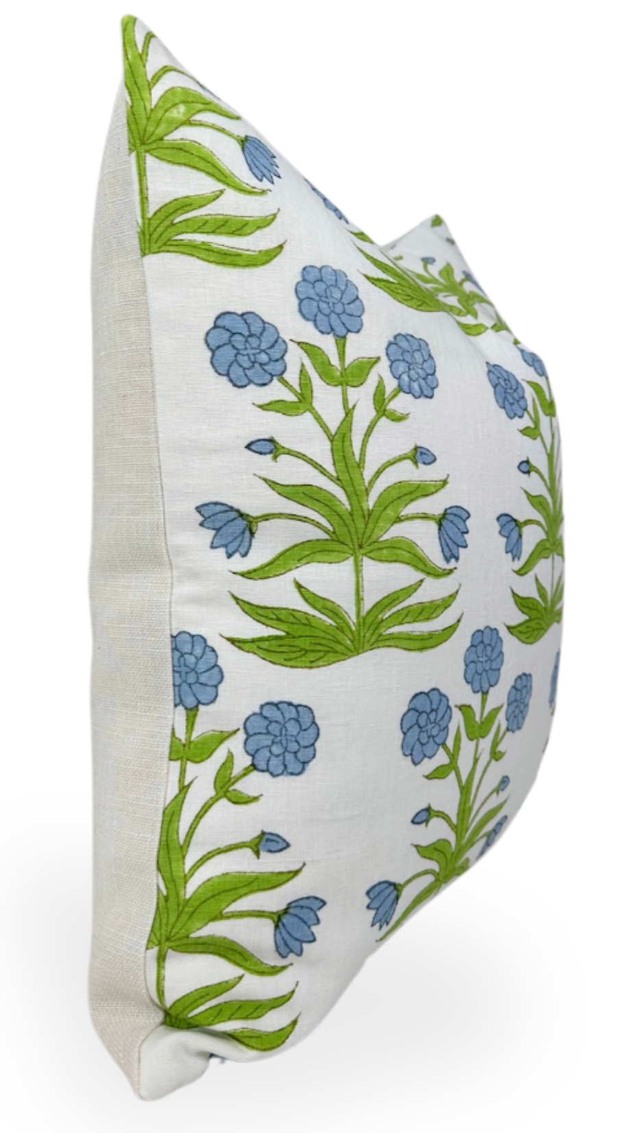 Square pillow with off-white sides featuring sky blue flowers and pistachio green leaves in a repeating Mughal-inspired pattern on a white background.