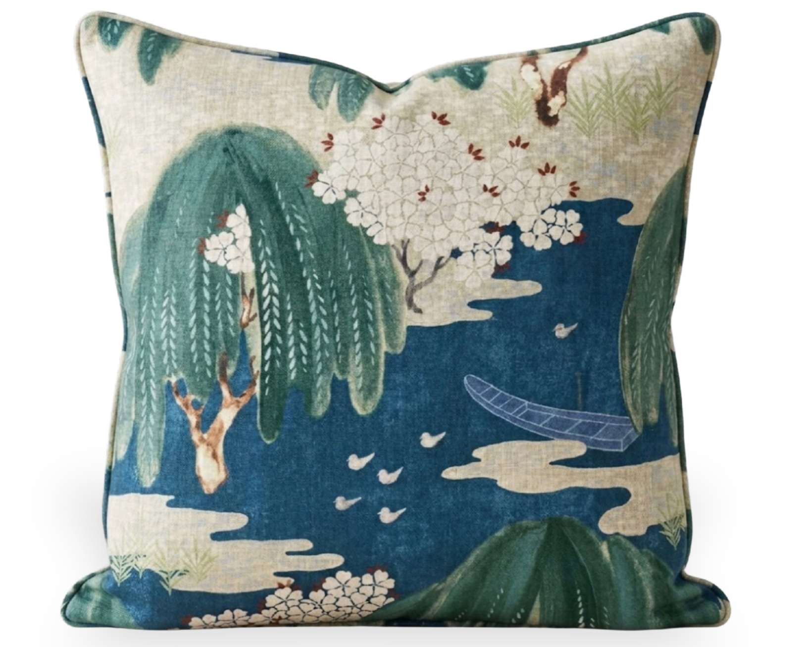 Navy Willow Tree decorative pillow cover with floral pattern on natural ivory linen backing