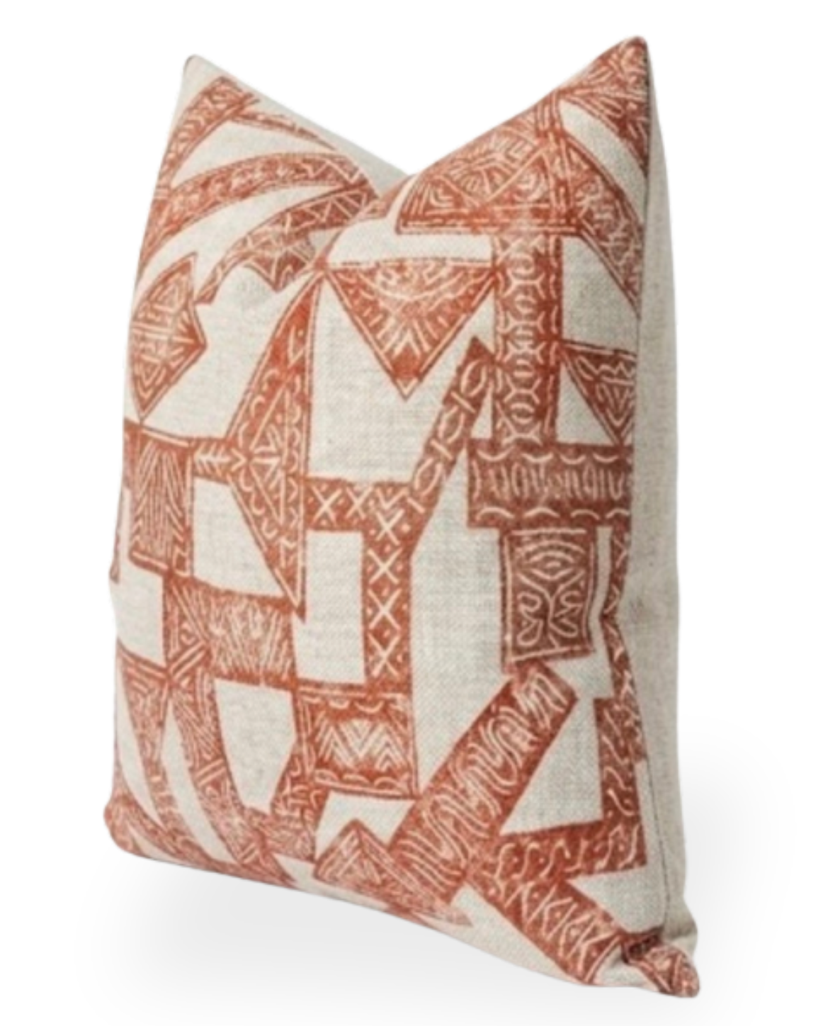 Square pillow with off-white base and an abstract orange geometric pattern featuring intricate designs within the shapes.