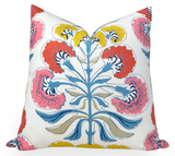 Tybee Tree Pillow Cover in Coral and Yellow with floral pattern on linen fabric