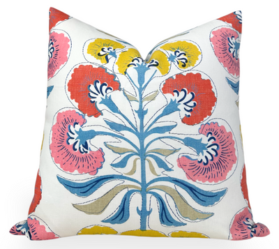 Tybee Tree Pillow Cover in Coral and Yellow with floral pattern on linen fabric