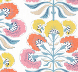 Floral pattern with coral, yellow, and pink stylized flowers and blue leaves on a white background, showing symmetrical stems and layered petals.