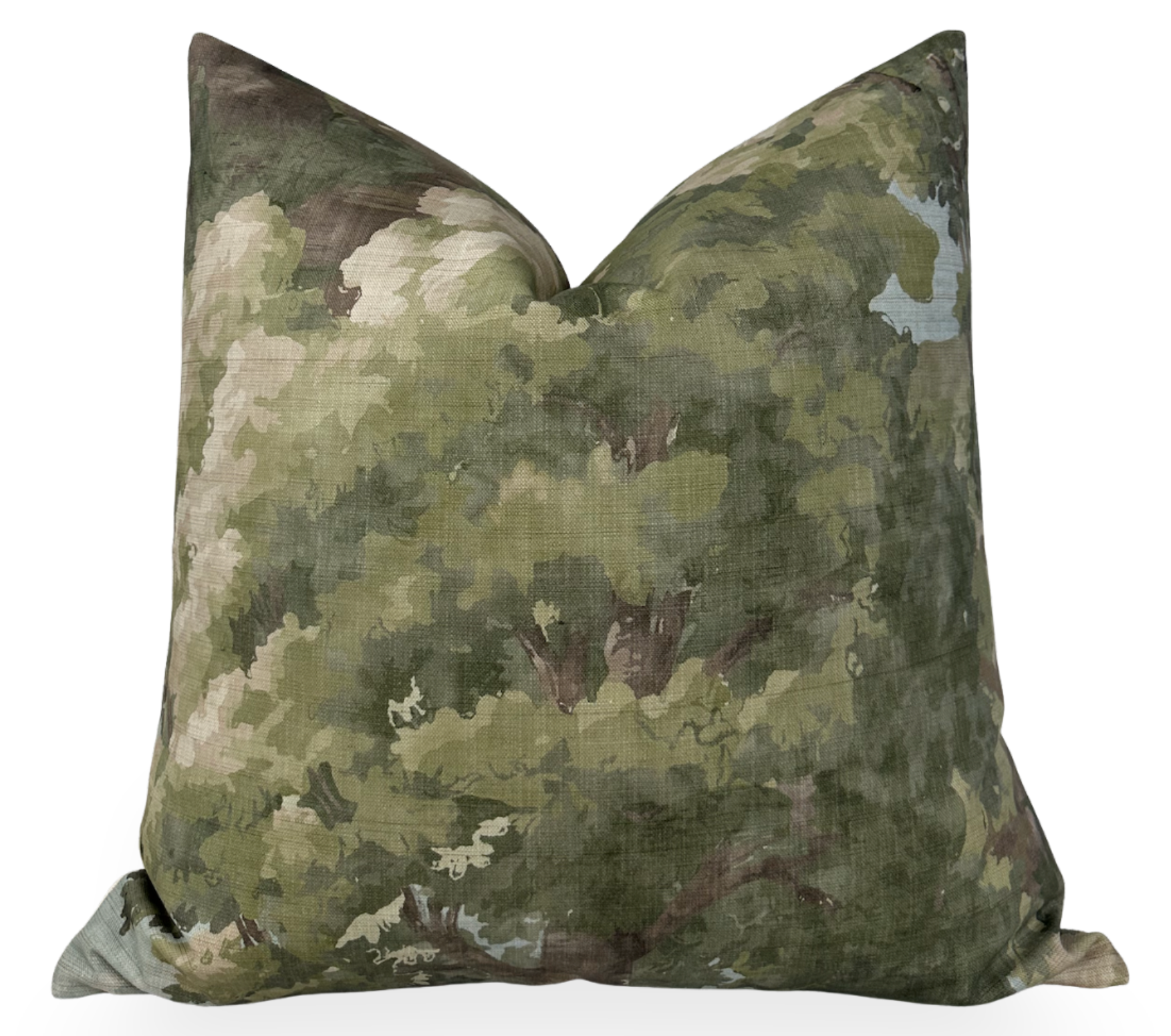Woodland Clearing Pillow Cover in Green featuring floral print on front and ivory linen back