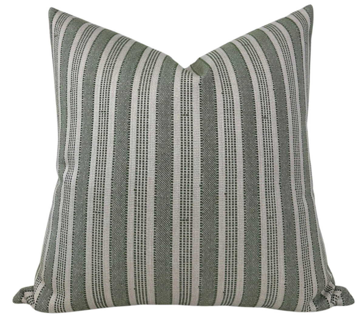 Amida Pillow Cover in Green on Natural by Peter Dunham Textiles, showing green woven fabric front and ivory linen backing.