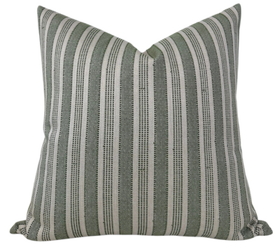 Amida Pillow Cover in Green on Natural by Peter Dunham Textiles, showing green woven fabric front and ivory linen backing.