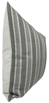 Square pillow with a green and black striped pattern on natural beige fabric, shown from a side angle emphasizing the textured weave and crisp edges.