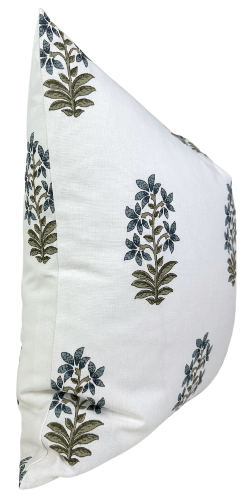 White pillow cover with a repeating pattern of stylized blue and olive green leaf clusters arranged vertically.