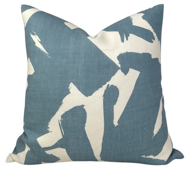 Bold Lines Linen Pillow Cover in Sky showing abstract blue lines on front and ivory linen back