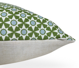 Corner of a pillow with a green geometric star and circle pattern on the top fabric and a plain beige woven fabric on the bottom section, showing a hidden zipper.