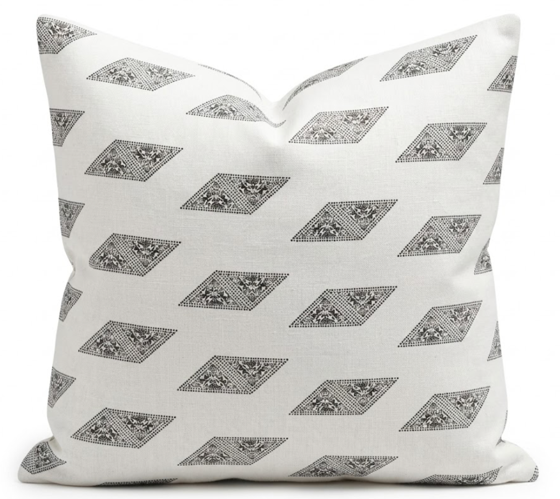 Myriad Pillow Cover in Kohl, front side showing printed fabric and back side showing ivory linen fabric