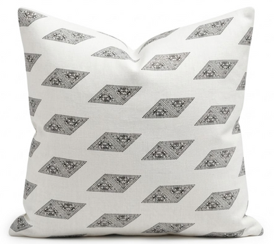 Myriad Pillow Cover in Kohl, front side showing printed fabric and back side showing ivory linen fabric