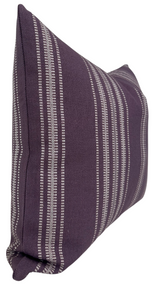 Rectangular royal purple pillow cover with vertical white Mayan-inspired stripes, shown from a side angle highlighting its soft fabric texture and clean edges.