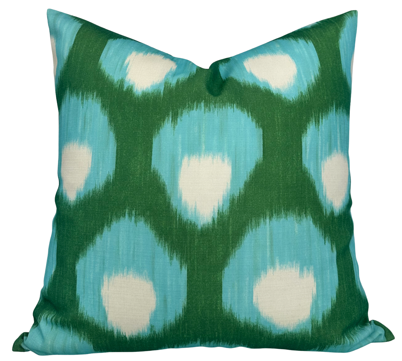 Bukhara Outdoor Pillow Cover in green and blue with a Peter Dunham print fabric front and ivory outdoor fabric back