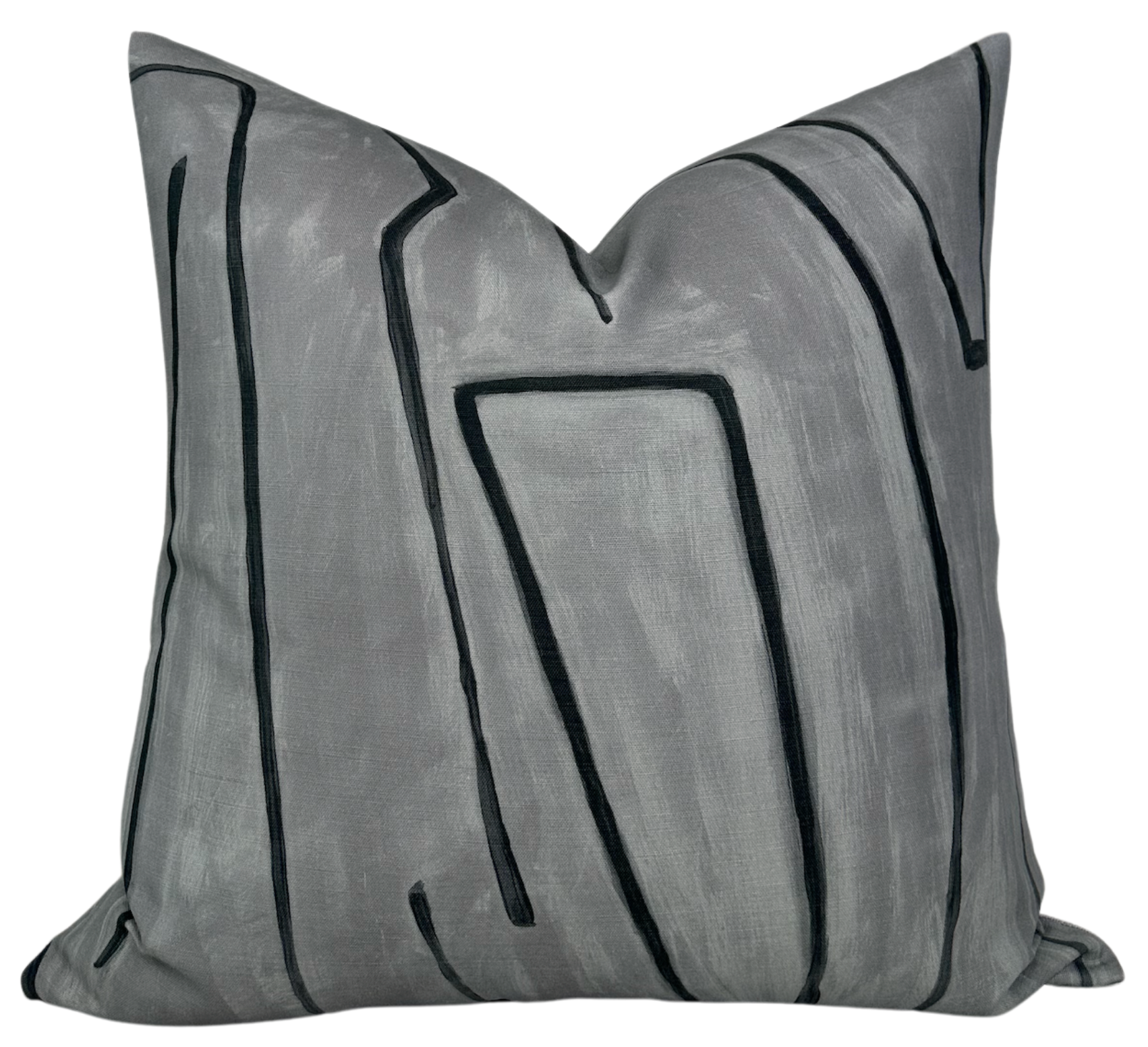 Graffito Pillow Cover in Graphite showing abstract linear pattern and smooth linen texture