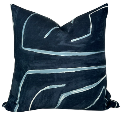 Graffito Pillow Cover in Navy by DEKOWE showing abstract navy print and ivory linen backing