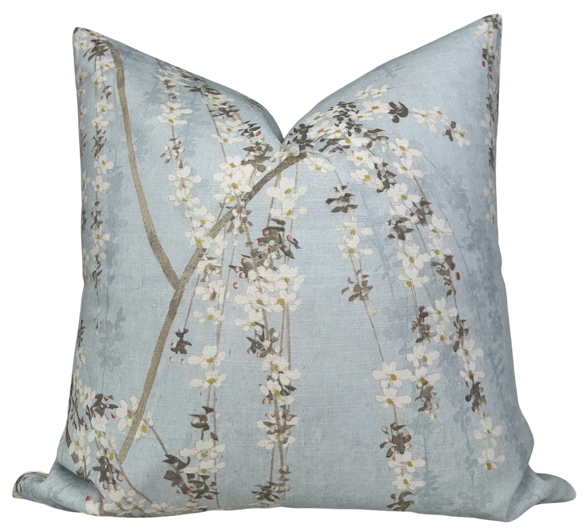 Weeping Blossom Blue pillow cover with floral print on top and ivory linen backing
