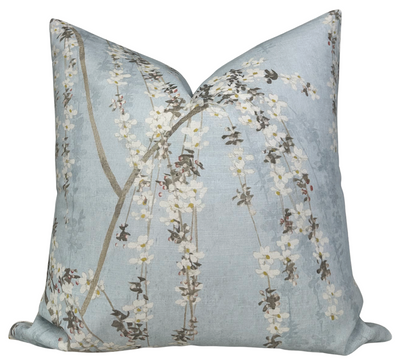Weeping Blossom Blue pillow cover with floral print on top and ivory linen backing