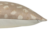 Side view of a beige and ivory pillow cover with abstract feline spots in light and dark beige tones, featuring a visible zipper along one edge.