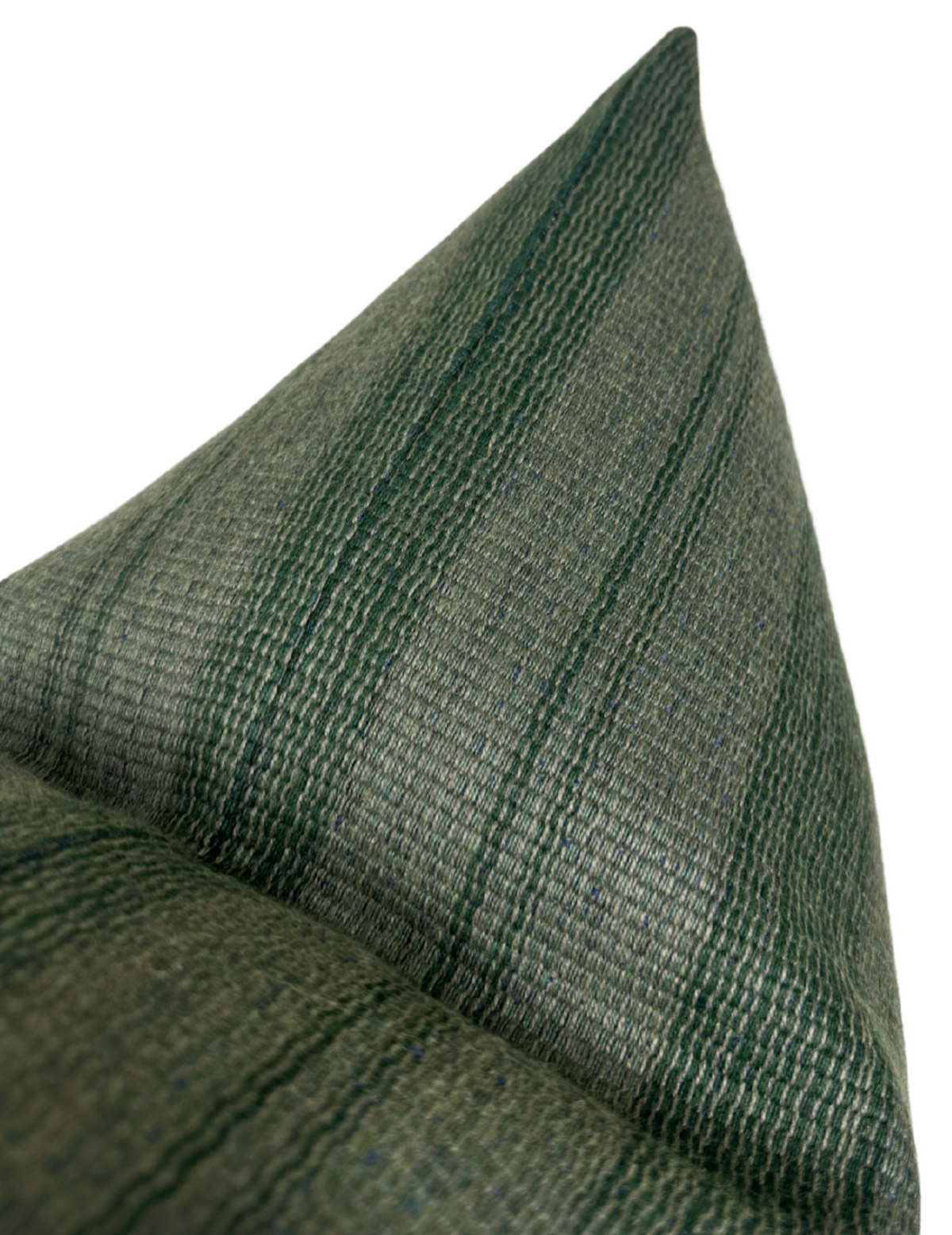 Close-up of a woven pillow cover featuring forest green and dark green vertical stripes with a textured fabric pattern.