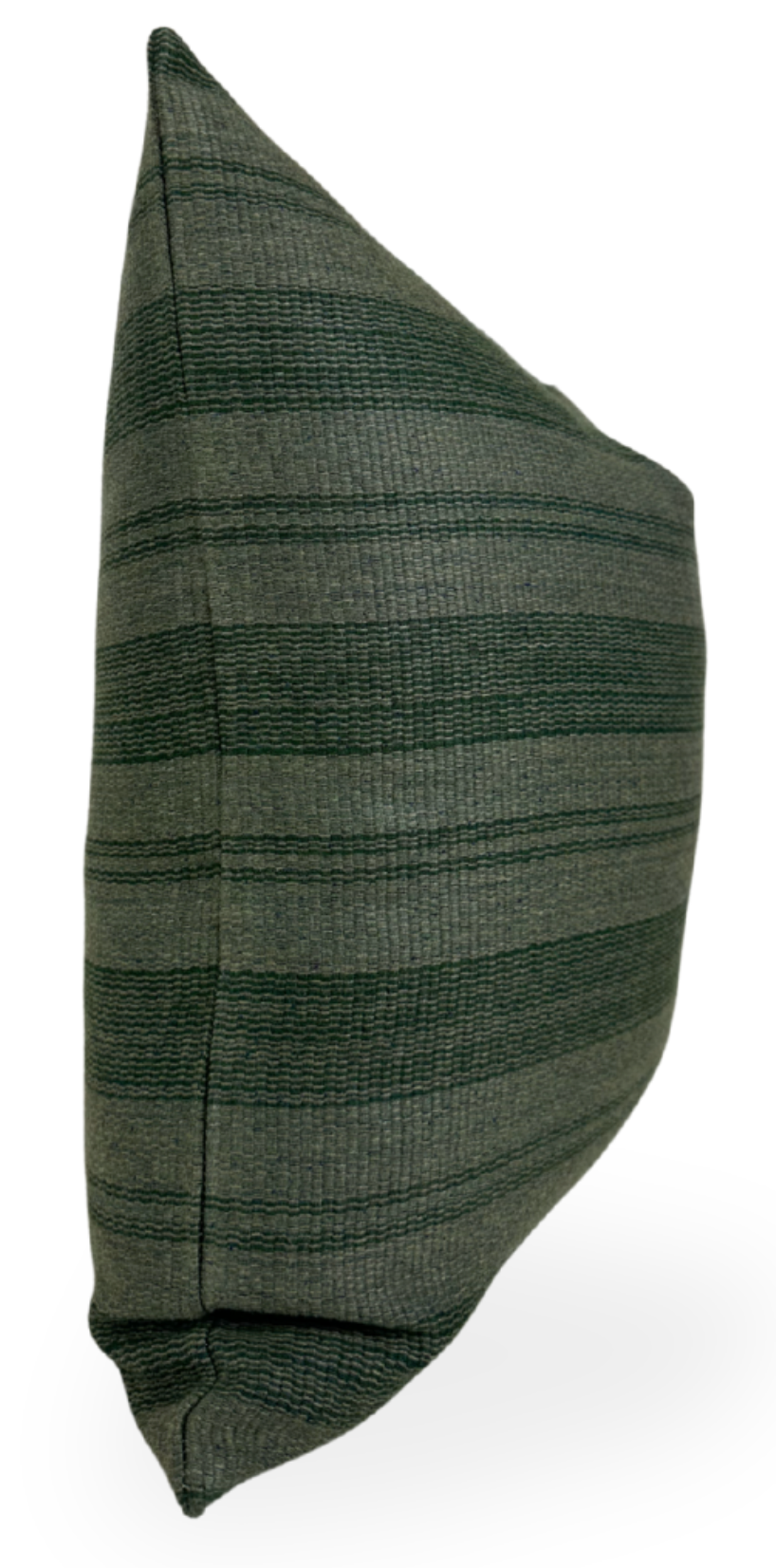 Side view of a woven pillow cover featuring horizontal stripes in varying shades of forest green with textured fabric on a white background.