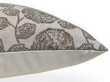 Corner view of a pillow cover with a beige background and brown botanical flower prints, featuring a white zipper along the seam.