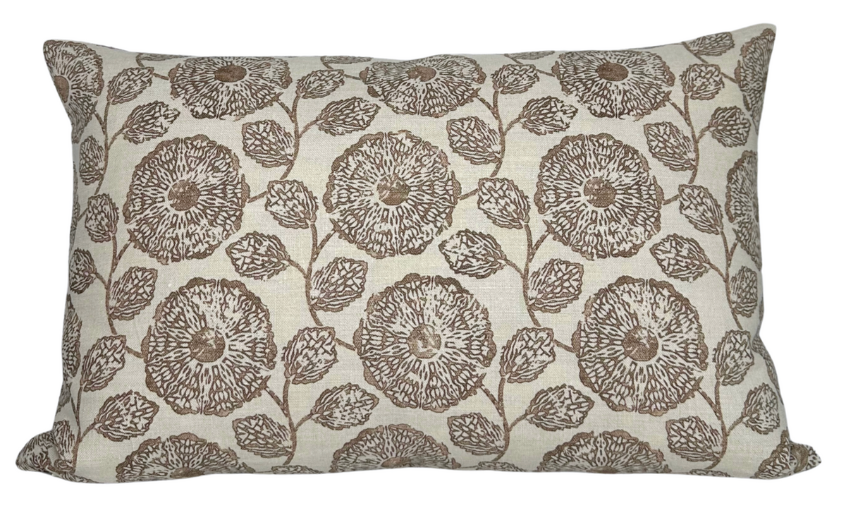 Rectangular pillow cover with a sepia-toned pattern of large, detailed flowers and leaves on a light beige background.