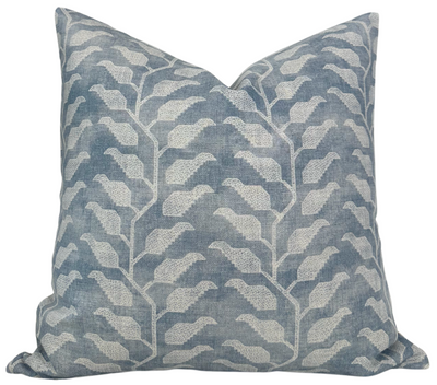 Folio Pillow Cover in lake blue on a white background showing front and back fabrics